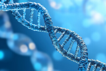 3D render of a double helix DNA structure against a blue background. The DNA helix is rendered in the style of scientific illustration, coiled and twisting in on itself with each nucleotide base pair 