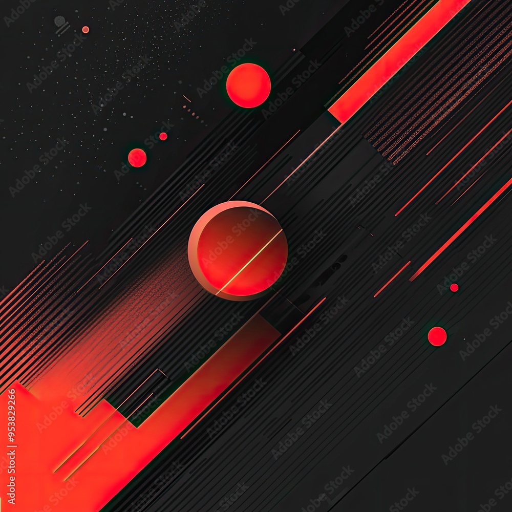 Poster dynamic abstract design featuring bold red and black colors with geometric shapes and patterns, idea