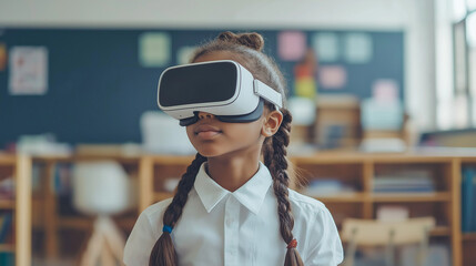An American school student with VR headset using artificial intelligence technology and machine learning Interactive technology in classroom significantly Innovation and smart technology