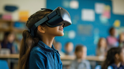 An American school student with VR headset using artificial intelligence technology and machine learning Interactive technology in classroom significantly Innovation and smart technology