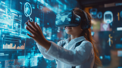 An American school student with VR headset using artificial intelligence technology and machine learning Interactive technology in classroom significantly Innovation and smart technology