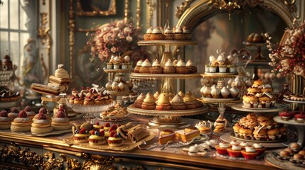 Fototapeta premium extravagant dessert buffet featuring intricate pastries, plated with edible gold and presented in an opulent setting.