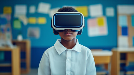 An American school student with VR headset using artificial intelligence technology and machine learning Interactive technology in classroom significantly Innovation and smart technology