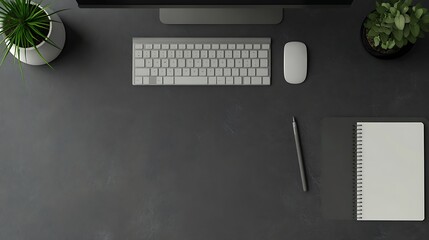 Minimalist workspace with a keyboard, mouse, notebook, pen, and plants.