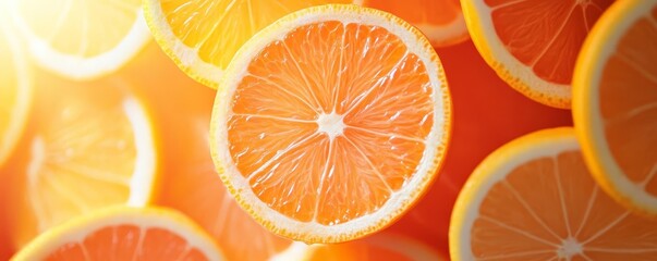 Vibrant orange slice background with fresh citrus fruit, ideal for summer themes, nutrition concepts, or beverage promotions.