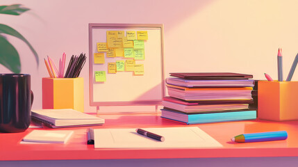A desk with a white board and a stack of books