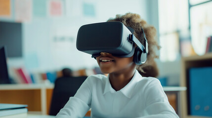 An American school student with VR headset using artificial intelligence technology and machine learning Interactive technology in classroom significantly Innovation and smart technology