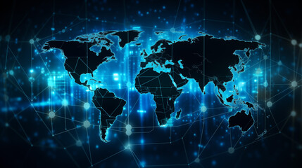 World map with glowing contours and binary data stream. Technology and globalization concept.