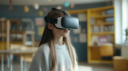 An American school student with VR headset using artificial intelligence technology and machine learning Interactive technology in classroom significantly Innovation and smart technology