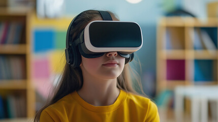 An American school student with VR headset using artificial intelligence technology and machine learning Interactive technology in classroom significantly Innovation and smart technology