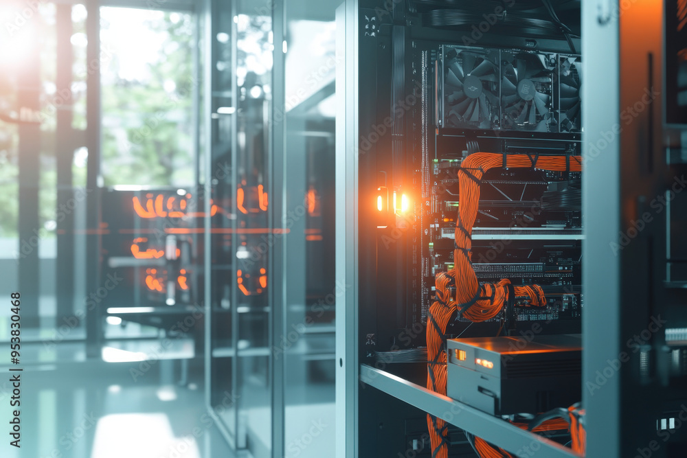 Poster server rack with visible components mining cryptocurrency in a server farm