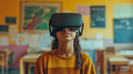 An American school student with VR headset using artificial intelligence technology and machine learning Interactive technology in classroom significantly Innovation and smart technology