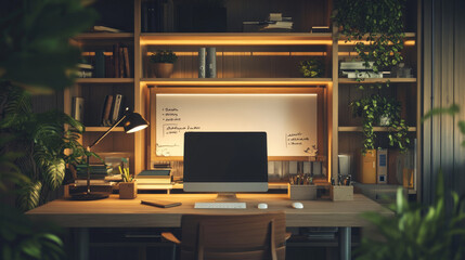 A modern office with a white board on the wall and a black chair