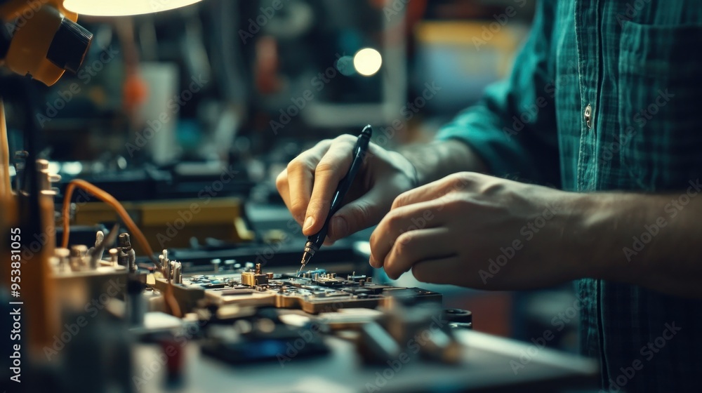 Poster a person using a tool to repair a circuit board