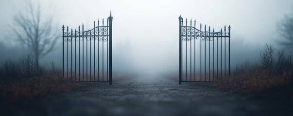 Naklejka premium A mysterious scene featuring wrought iron gates shrouded in fog, evoking a sense of intrigue and haunting beauty.