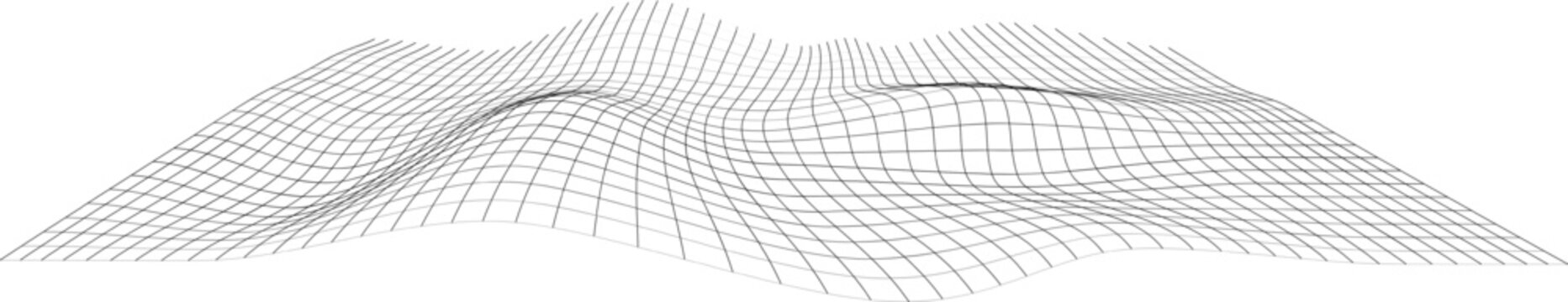Black line wireframe grid. Topography landscape with wave