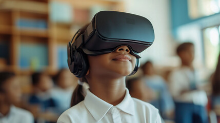 An American school student with VR headset using artificial intelligence technology and machine learning Interactive technology in classroom significantly Innovation and smart technology