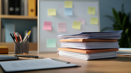 A desk with a white board and a stack of papers