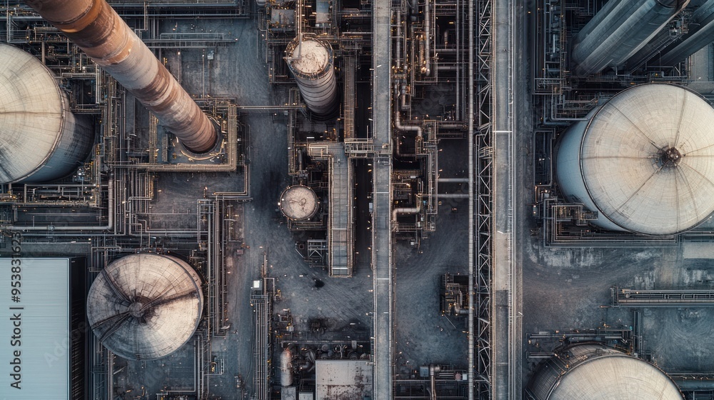 Poster aerial view of industrial complex with storage tanks and piping