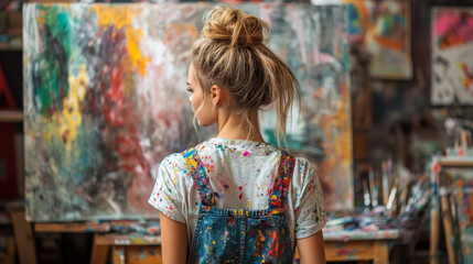 A woman in a blue overalls with paint splatters on her face stands in front of a