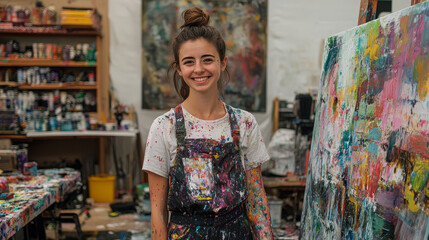 A woman in a blue overalls with paint splatters on her face stands in front of a