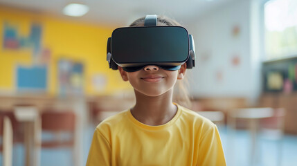 An American school student with VR headset using artificial intelligence technology and machine learning Interactive technology in classroom significantly Innovation and smart technology