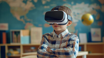 An American school student with VR headset using artificial intelligence technology and machine learning Interactive technology in classroom significantly Innovation and smart technology