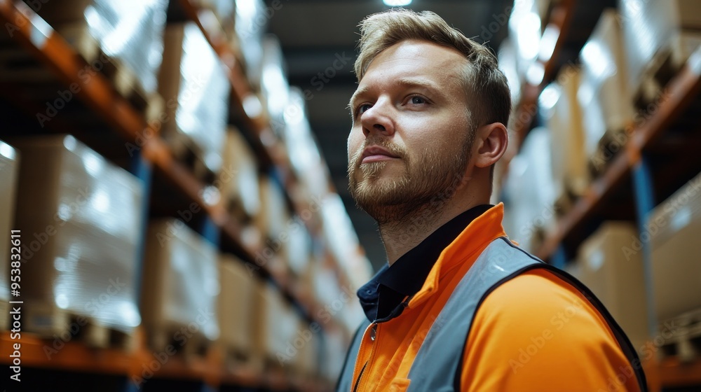 Poster warehouse worker looking up in thoughtful pose