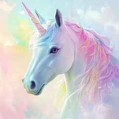 A beautiful unicorn with a pastel mane, symbolizing magic and wonder, set against a dreamy, colorful background.