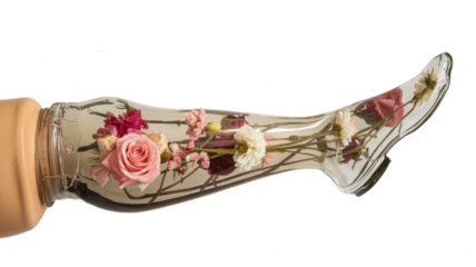 One Glass Prosthetic Leg Filled With Real Flowers, Transparent Prosthetics, Transparent Background, Fashion And Handisport Concept