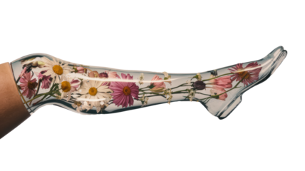 One Glass Prosthetic Leg Filled With Real Flowers, Transparent Prosthetics, Transparent Background, Fashion And Handisport Concept