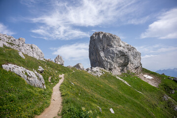 mountain landscape with sky. path to la tournette 