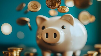 Reinvested Dividends: Coins falling into a piggy bank, showing the reinvestment of dividends back into the portfolio.