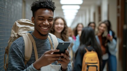 Obraz premium Smiling Student Using Smartphone in School Hallway