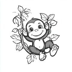 Cute cartoon monkey swinging on a branch.