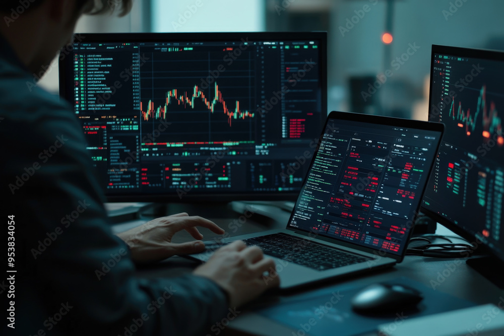 Poster stock market broker is using multiple computer monitors to analyze cryptocurrency charts and make in