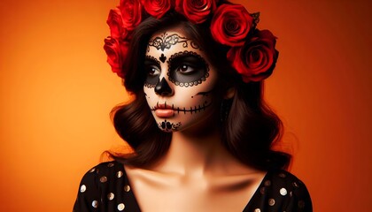 La Calavera Catrina with Red Roses