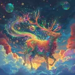 Obraz premium Majestic cosmic deer with rainbow antlers and tail, running through the clouds with stars and planets in the background.