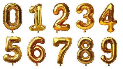 A set of gold balloons with numbers zero (0) through nine (9).
