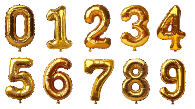 A set of gold balloons with numbers zero (0) through nine (9).