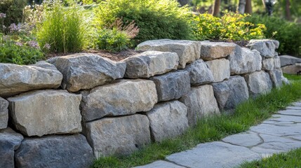 Stone Wall in a Lush Garden