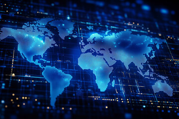 Fototapeta premium A blue digital background featuring a world map with interconnected Bitcoin symbols, representing the global spread of blockchain technology in financial and trading applications.