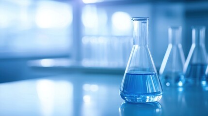 A close-up of a laboratory flask filled with blue liquid on a reflective surface, indicative of scientific research in a modern lab environment.