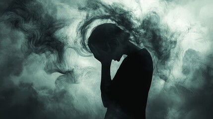 Fototapeta premium Figure In Silhouette, Holding Their Head In Despair, Surrounded By A Swirling Dark Mist, Representing Mental Anguish.