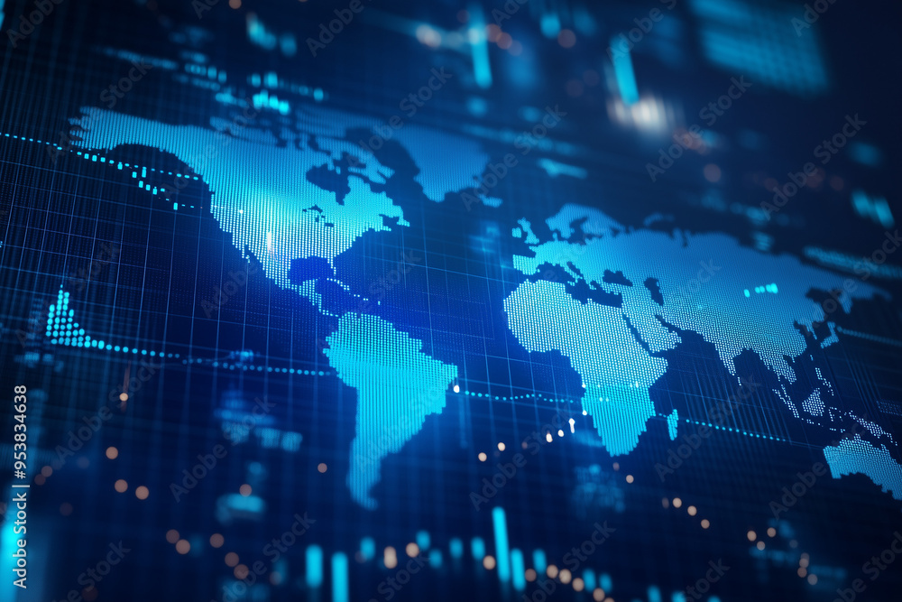 Aufkleber a blue digital background featuring a world map with interconnected bitcoin symbols, representing th