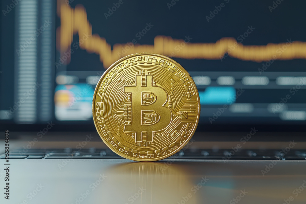 Poster gold bitcoin coin is resting on a laptop computer keyboard with a stock market chart displayed on th