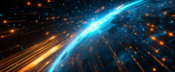 Obraz premium abstract background of Earth viewed from orbit, featuring glowing blue and orange light streaks interconnected by data lines in space.