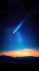 Fototapeta premium A stunning night sky featuring a bright comet streaking across a vibrant sunset, perfect for astronomy enthusiasts and dreamers.