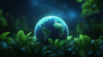 A glowing Earth surrounded by lush green leaves under a starry night sky, symbolizing environmental conservation and planetary health.