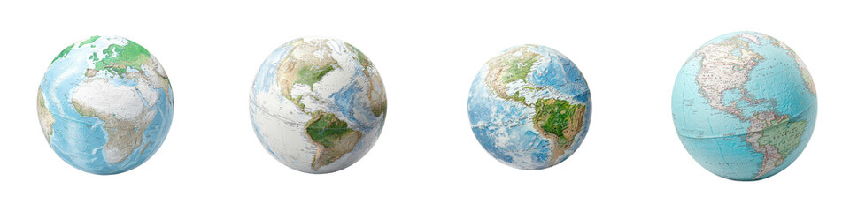 Four distinct globe representations showcasing Earth's unique landscapes and geographical features in vibrant detail, isolated on transparent background.